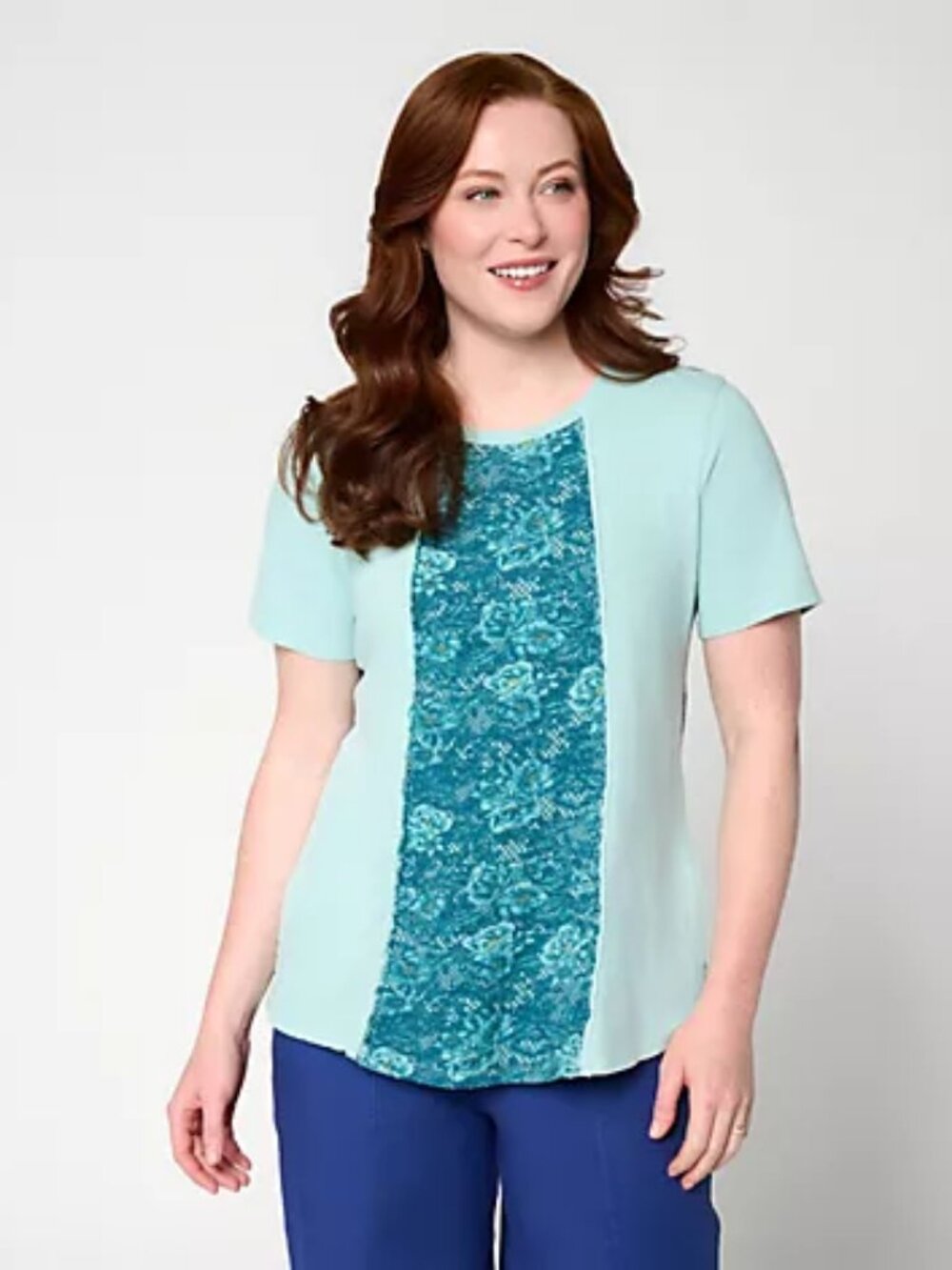 LOGO by Lori Goldstein 100% Cotton Patchwork Top w/ Curved Hem, Blue Sz M a72477